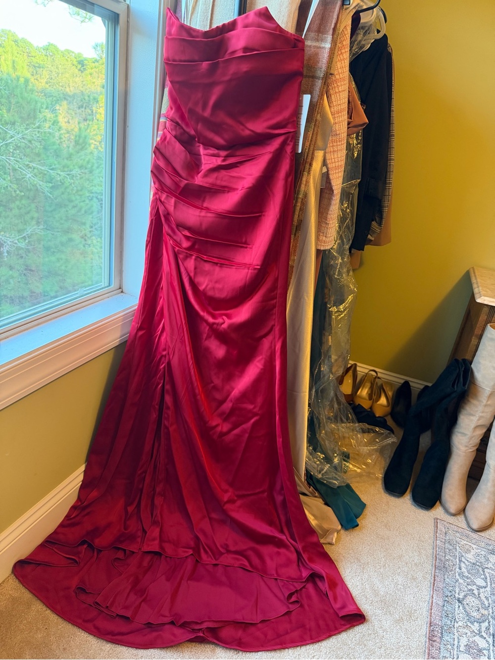 Strapless Satin Prom Dress in Burgundy
